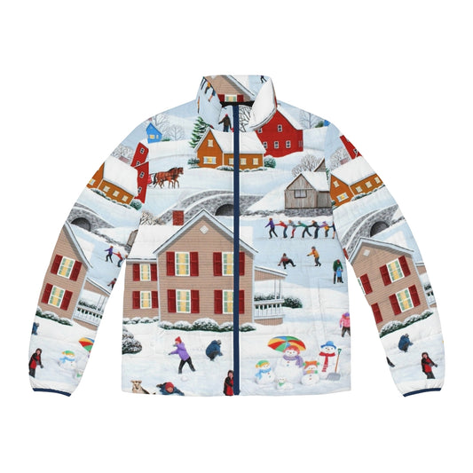 A cozy, insulated puffer jacket with a traditional, folkart-inspired design perfect for winter adventures.