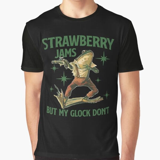 Graphic t-shirt featuring the text "Strawberry Jams But My Glock Don't" on a white background.