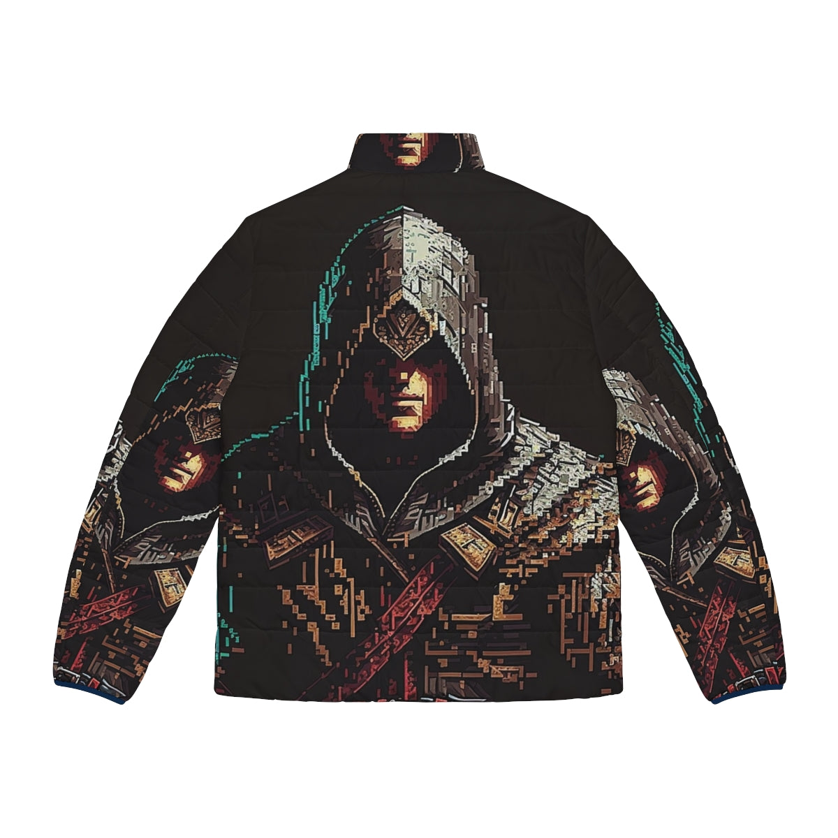 Pixel art design Assassin's Creed puffer jacket with focus on game franchise - Back