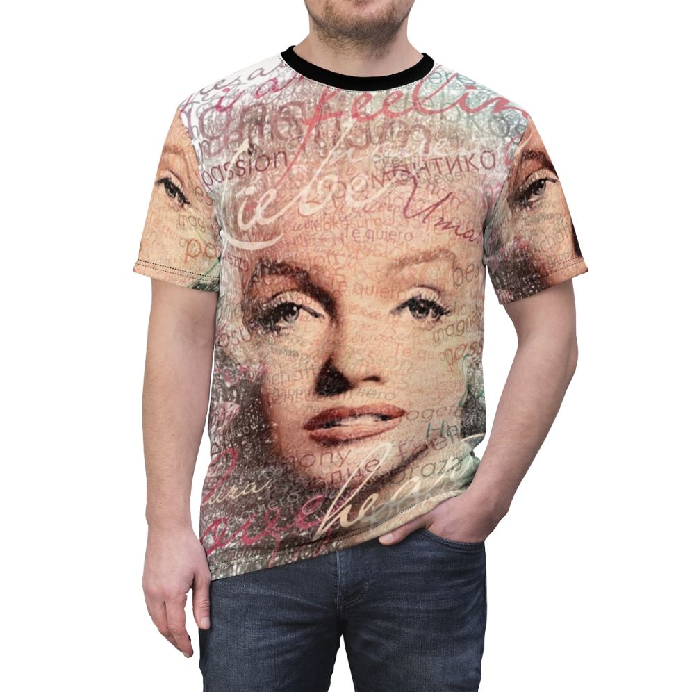 Marilyn Monroe portrait t-shirt with her famous words in a unique, artistic design - men front