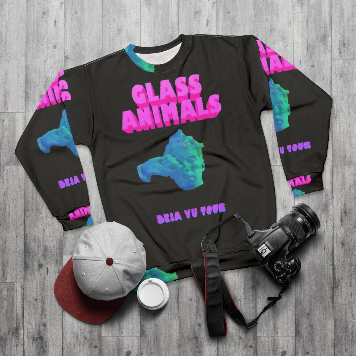 Glass Animals Deja Vu Sweatshirt featuring the band's logo and album art - flat lay