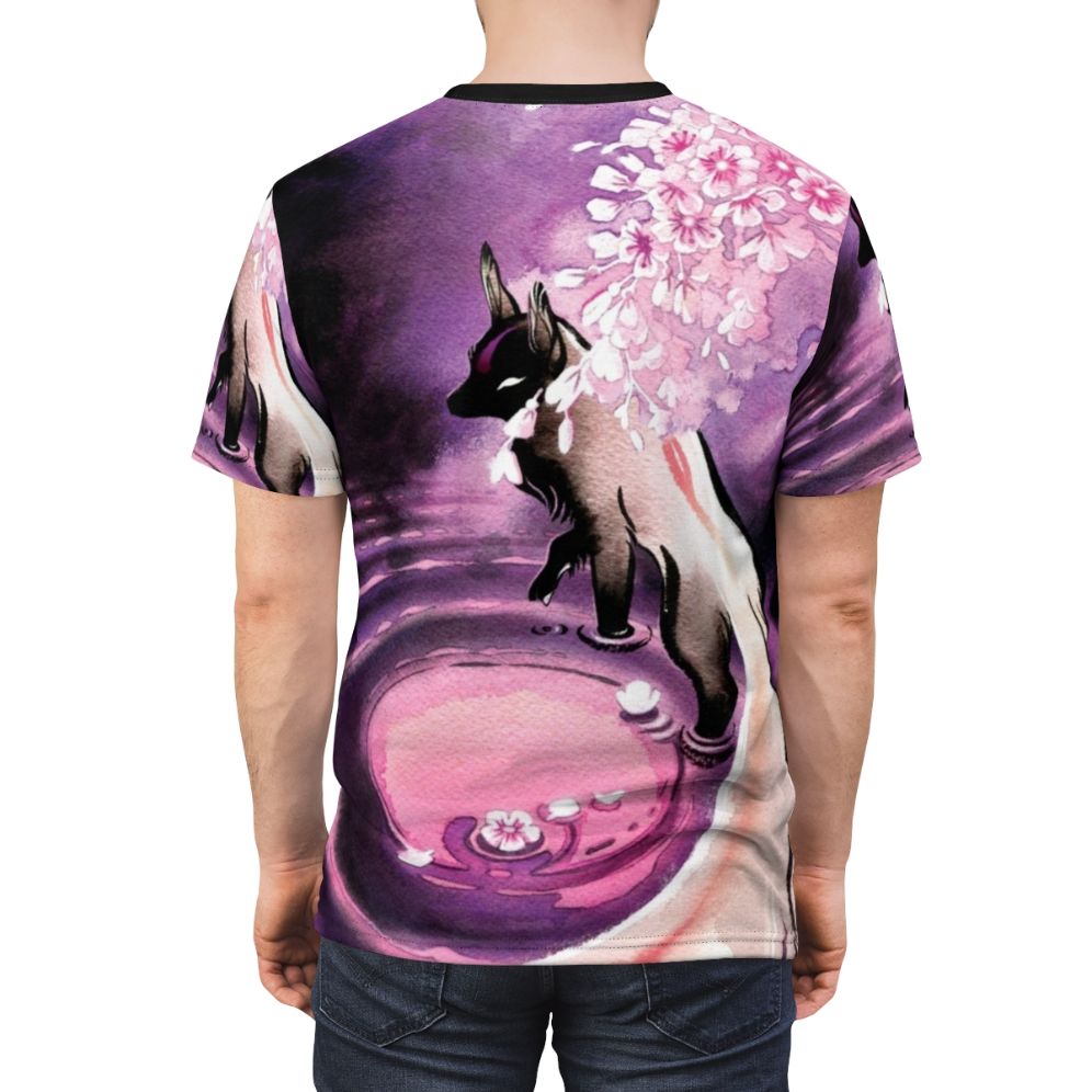 Stunning anime-inspired t-shirt design featuring a rose moon, sakura blossoms, and a kitsune fox - men back