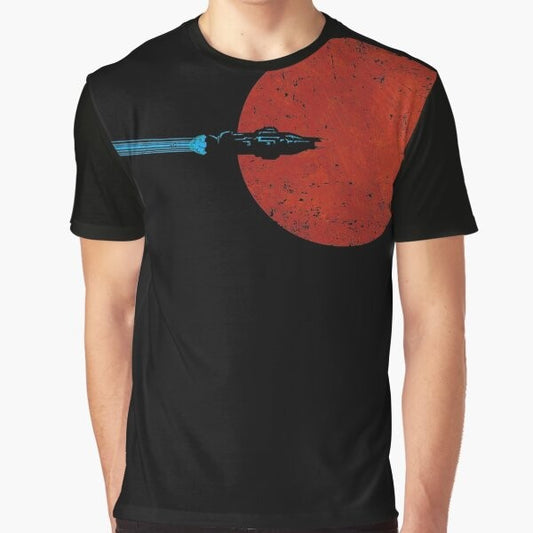 Graphic t-shirt featuring a design of a ship flying over the surface of Mars from the science fiction series "The Expanse"