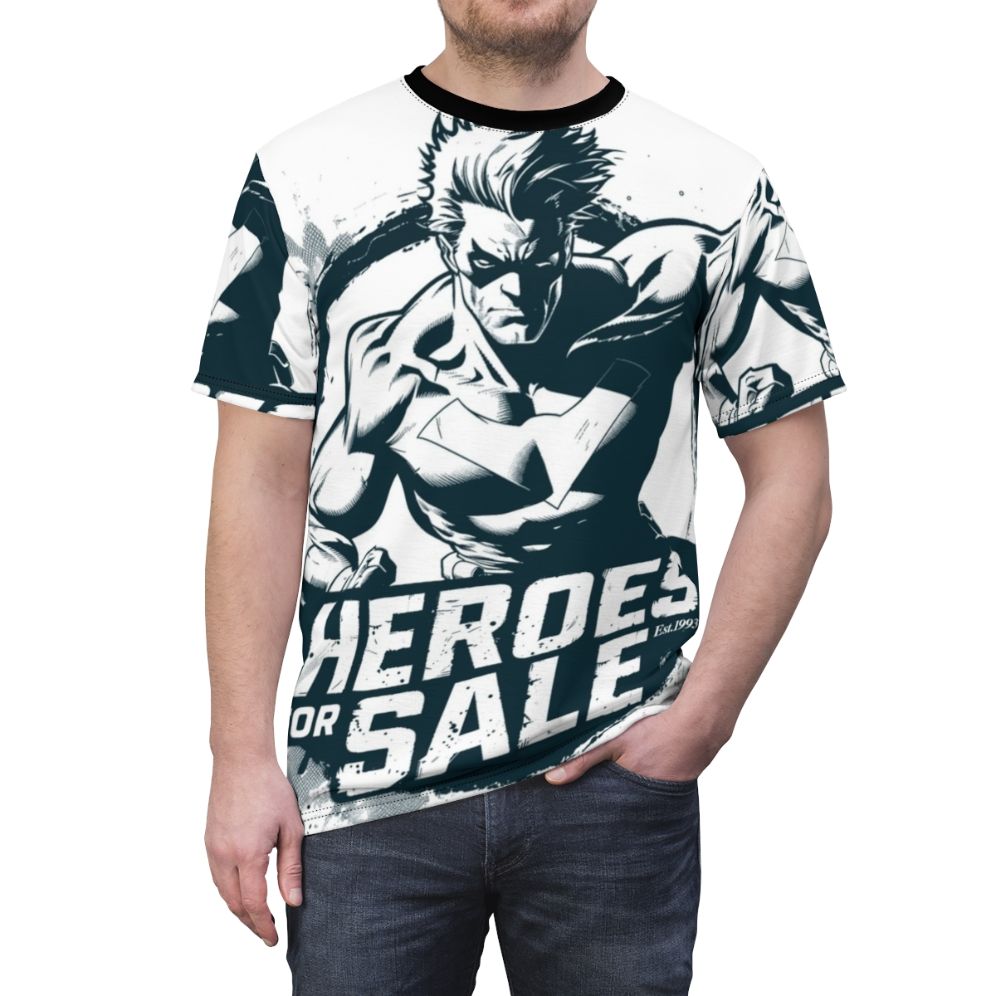 Vintage-style monochrome t-shirt design featuring a superhero character with the text "Heroes For Sale Est 1993" - men front