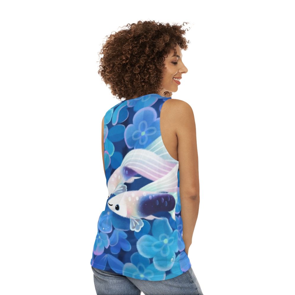 Unisex tuxedo guppy tank top with blue hydrangea floral design - women back