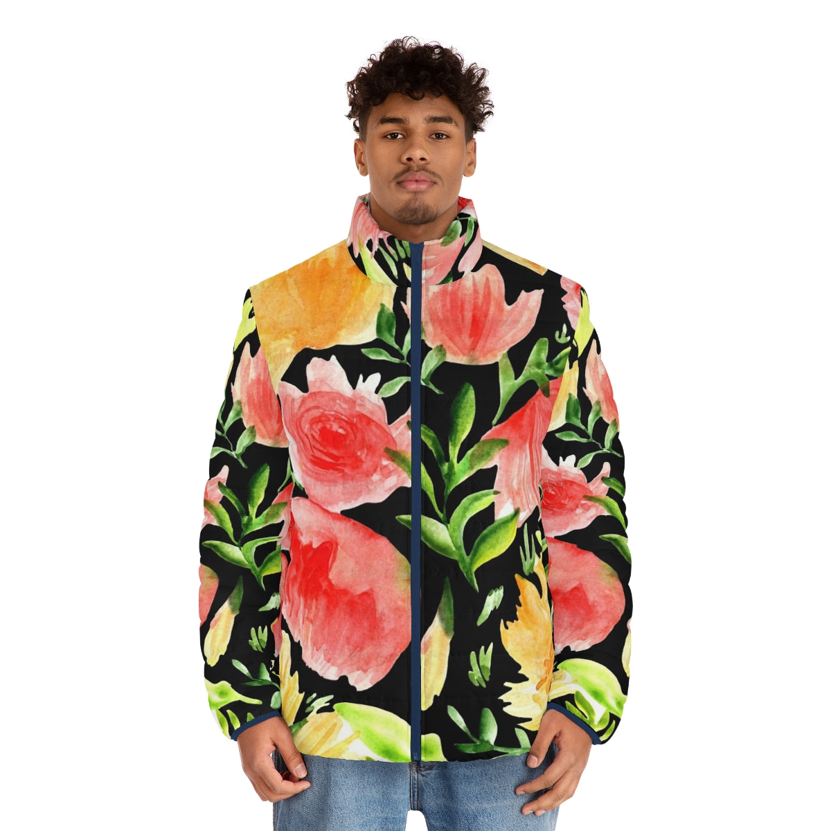 Watercolor floral puffer jacket with black background - men front