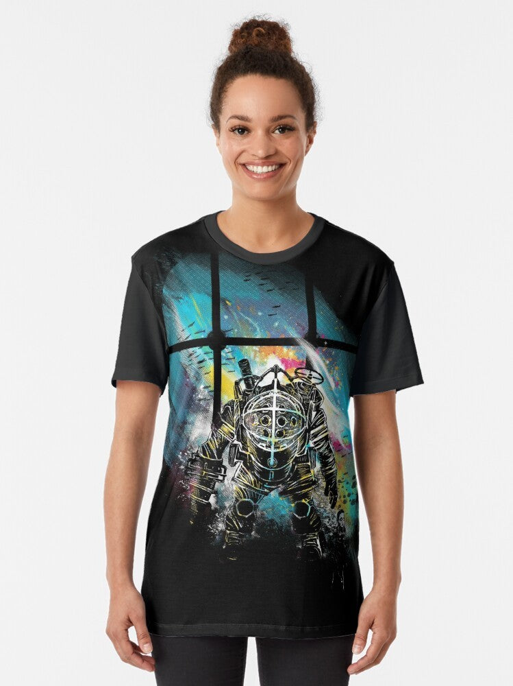 Bioshock-inspired Mr. Bubbles graphic t-shirt featuring the iconic Big Daddy character from the video game series. - Women