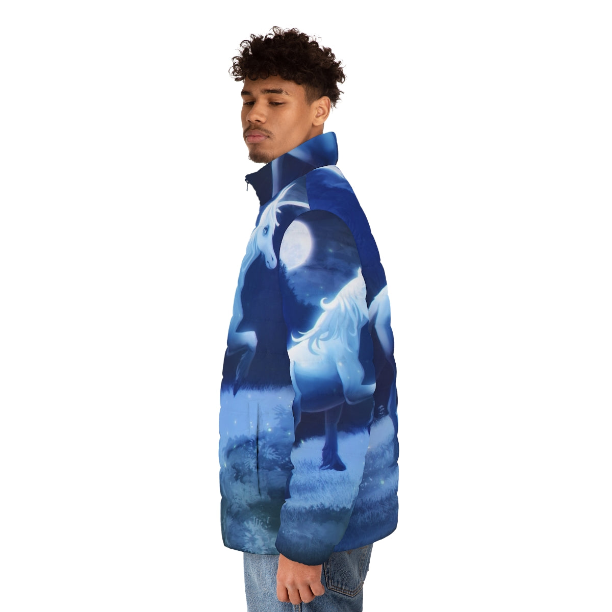 The Last Unicorn Puffer Jacket featuring a whimsical unicorn design - men side left