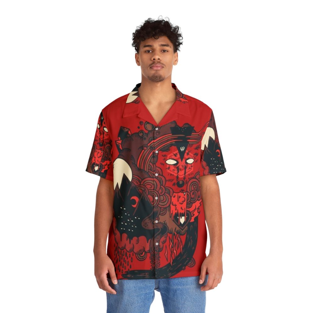 Hector Mansilla's striking wolf print Hawaiian shirt with abstract, geometric design - People Front