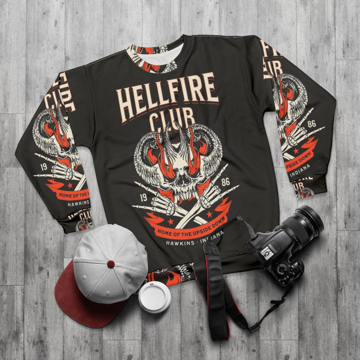 Hellfire Club Stranger Things Sweatshirt 2 featuring 1980s retro design - flat lay