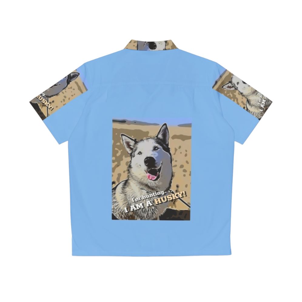 Siberian Husky wearing a colorful Hawaiian shirt - Back