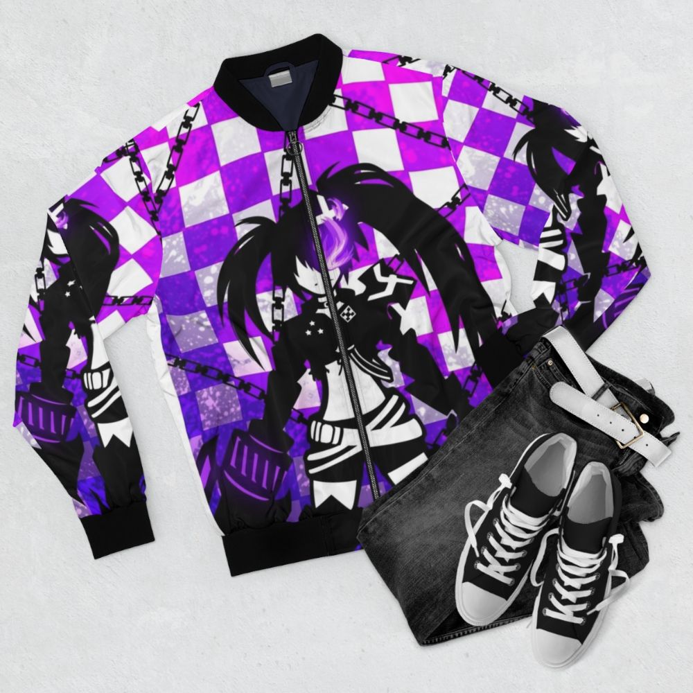 Insane black and purple bomber jacket with Black Rock Shooter anime design - Flat lay