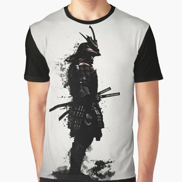 Armored samurai graphic tshirt featuring a warrior in traditional Japanese armor and a katana sword