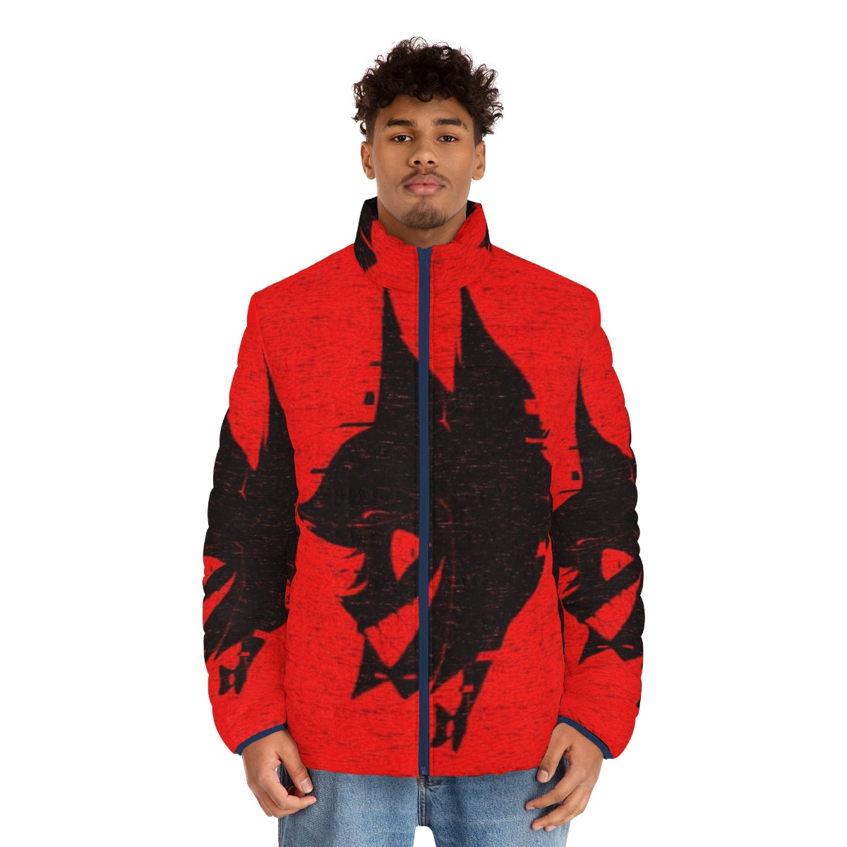 Hazbin Hotel Alastor Puffer Jacket with the iconic Radio Demon design - men front