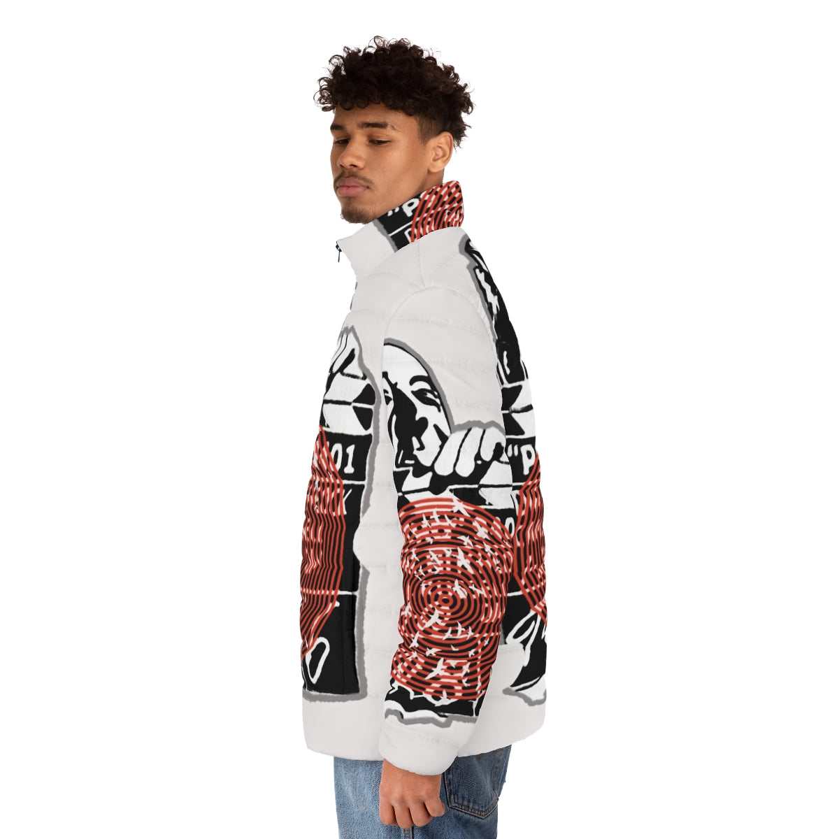 Alfred Hitchcock Inspired Puffer Jacket with Iconic Quotes and Designs - men side left