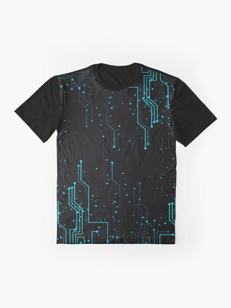 A t-shirt featuring a graphic design of an electronic circuit board, representing engineering and technology. - Flat lay