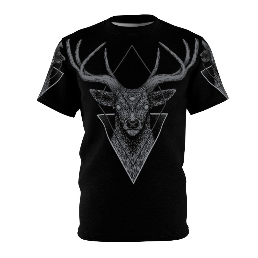 Stylized dark deer illustration on a graphic t-shirt design