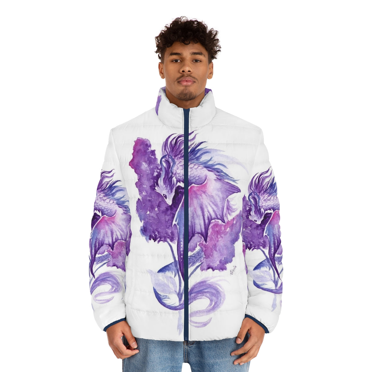 Lilac Dragon Puffer Jacket with magical, nature-inspired design - men front