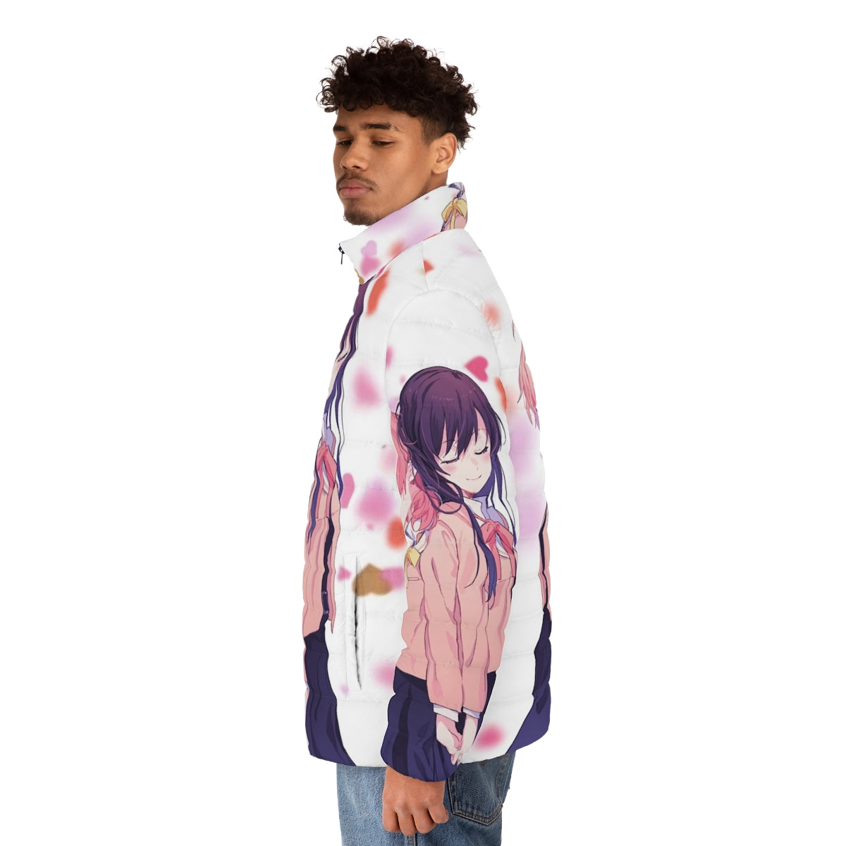 Bloom Into You Yagate Kimi Ni Naru anime puffer jacket with characters Yuu Koito and Touko Nanami - men side left