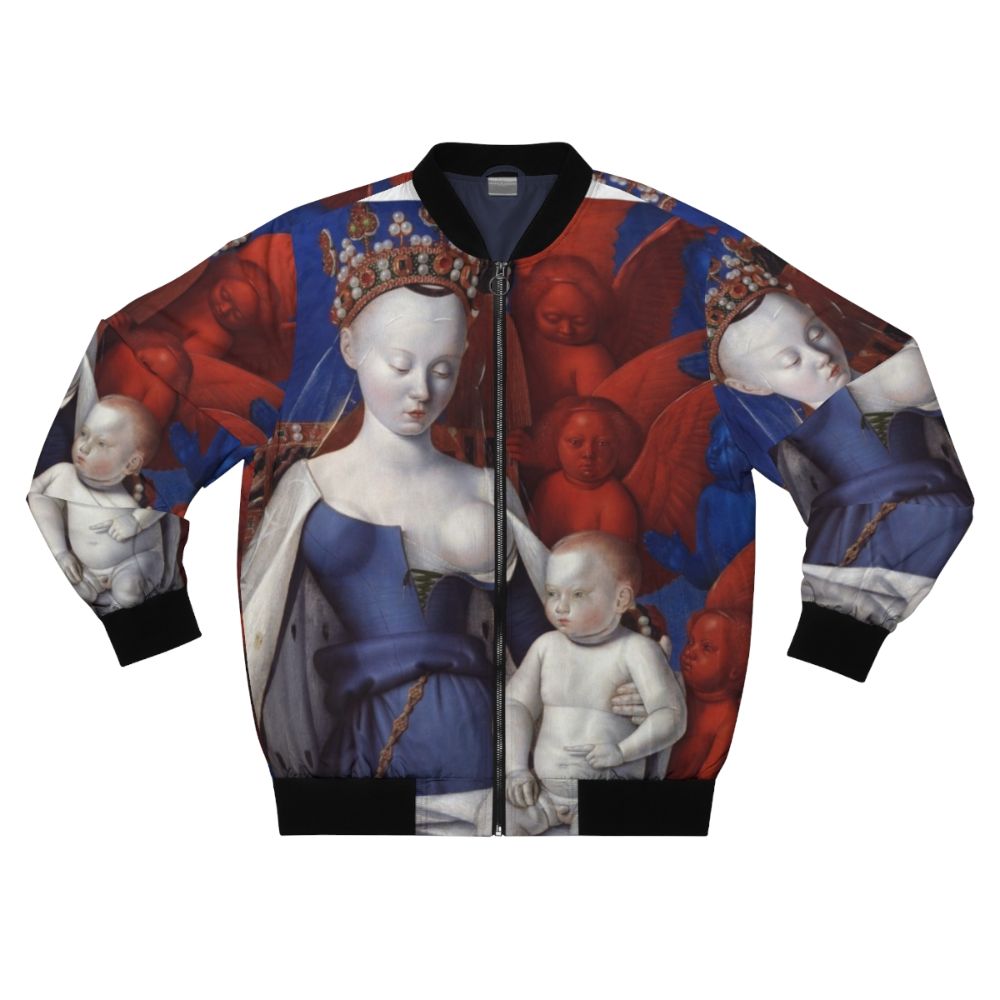 Bomber jacket featuring the classic French artwork "The Virgin and Child with Angels" by Jean Fouquet