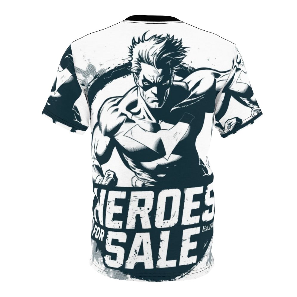 Vintage-style monochrome t-shirt design featuring a superhero character with the text "Heroes For Sale Est 1993" - Back