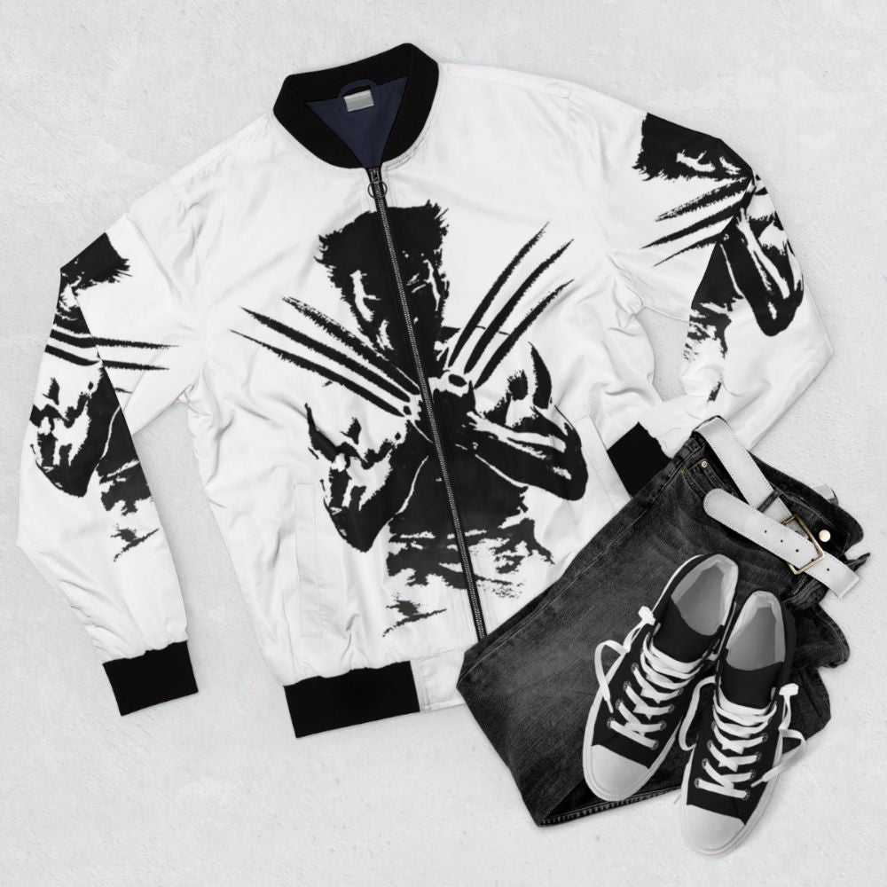 Claw's Dark Fantasy Bomber Jacket featuring a beast-inspired design with claws, shadows, and dark powers. - Flat lay