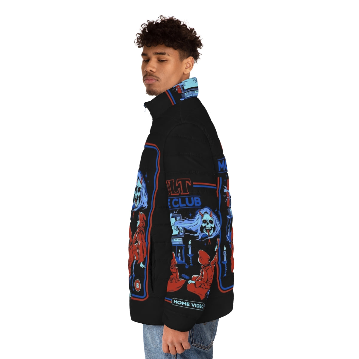 Cult Movie Club Vintage Puffer Jacket featuring retro horror film graphics - men side left