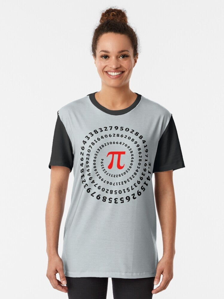 Spiral pi symbol graphic on black t-shirt, featuring mathematics, science, and irrational number design. - Women