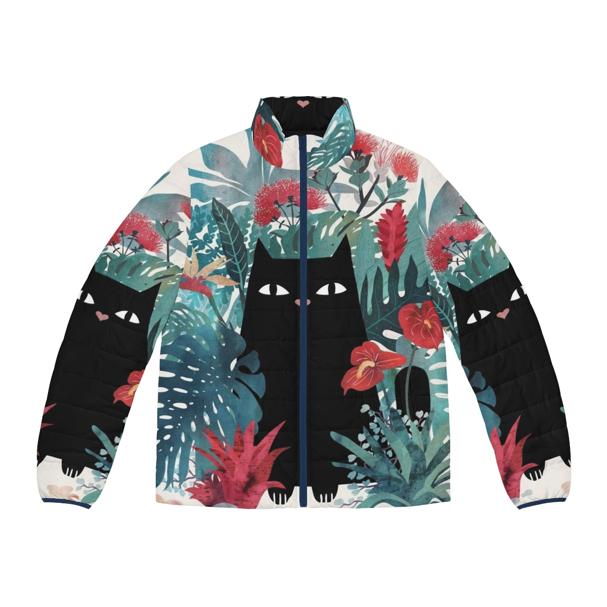 Black cat wearing a puffer jacket with tropical floral design