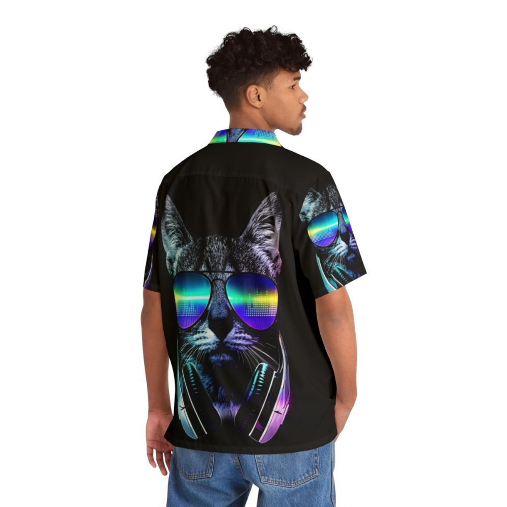 Music Lover Cat Hawaiian Shirt with Neon Equalizer Graphics - People Back