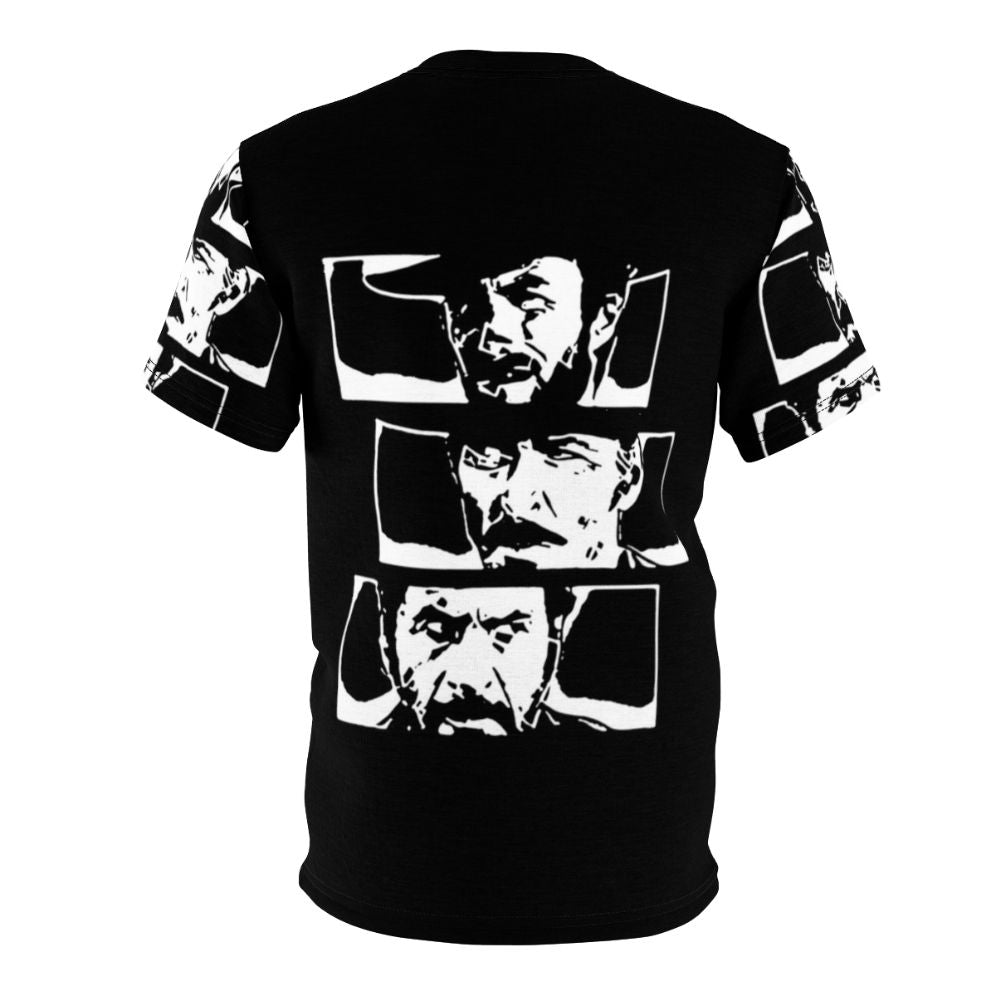 Vintage-inspired t-shirt design featuring a tribute to the classic Sergio Leone spaghetti western film "The Good, The Bad and The Ugly" - Back