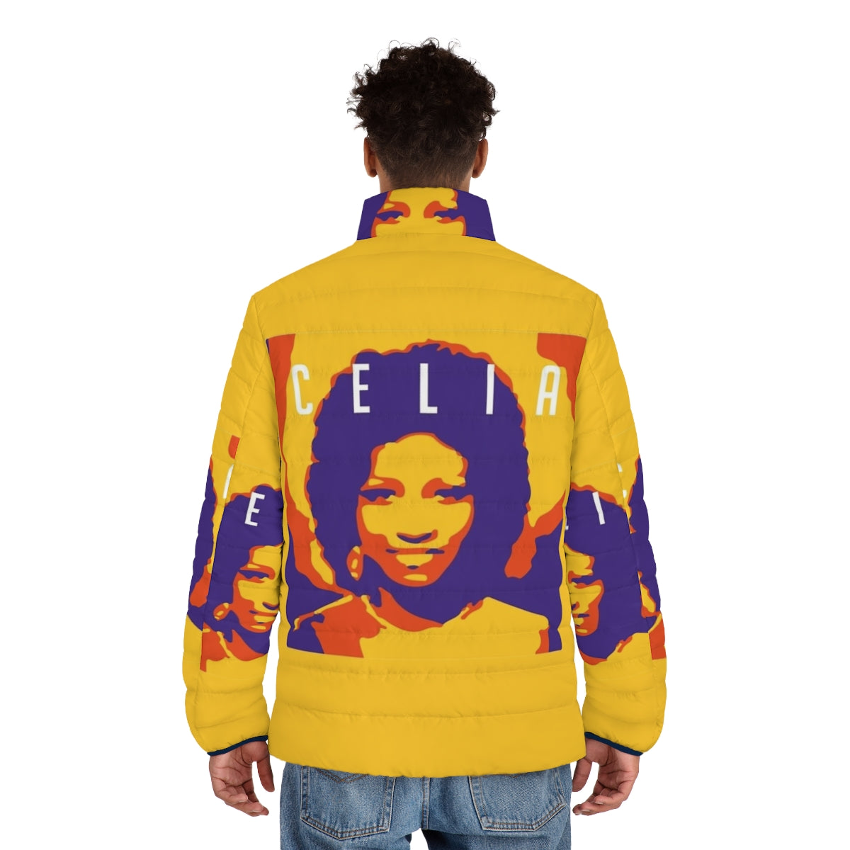 Celia Latinx Puffer Jacket in a vibrant, colorful popart design - men back