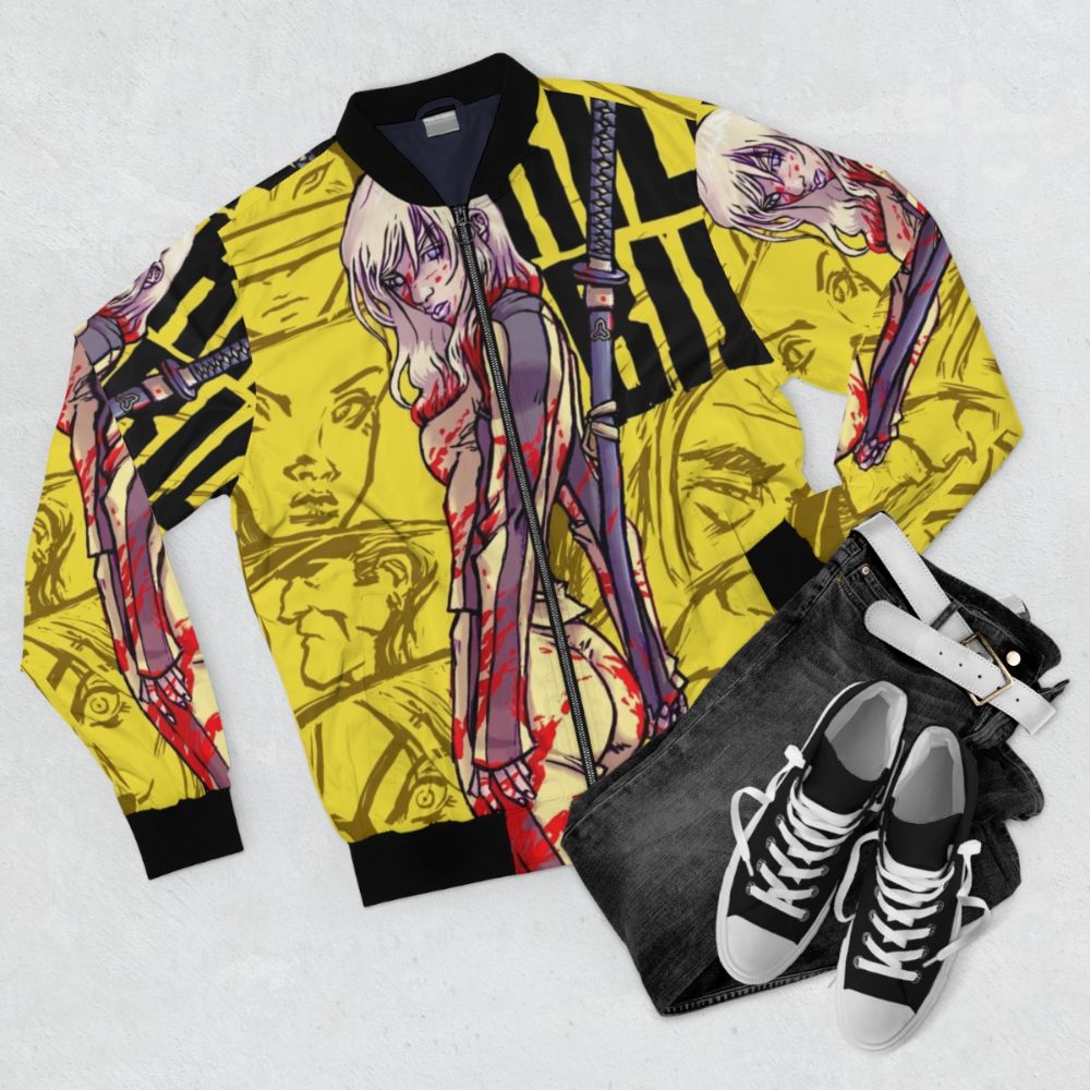 Kill Bill inspired bomber jacket with Beatrix Kiddo, ninja, sword, and pop culture graphics - Flat lay