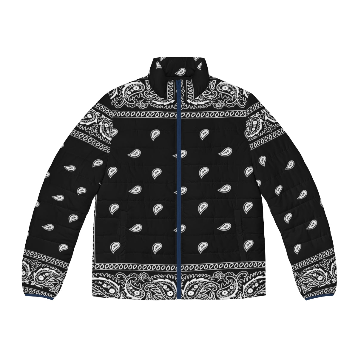 Black puffer jacket with bandana pattern for a urban and rap inspired look