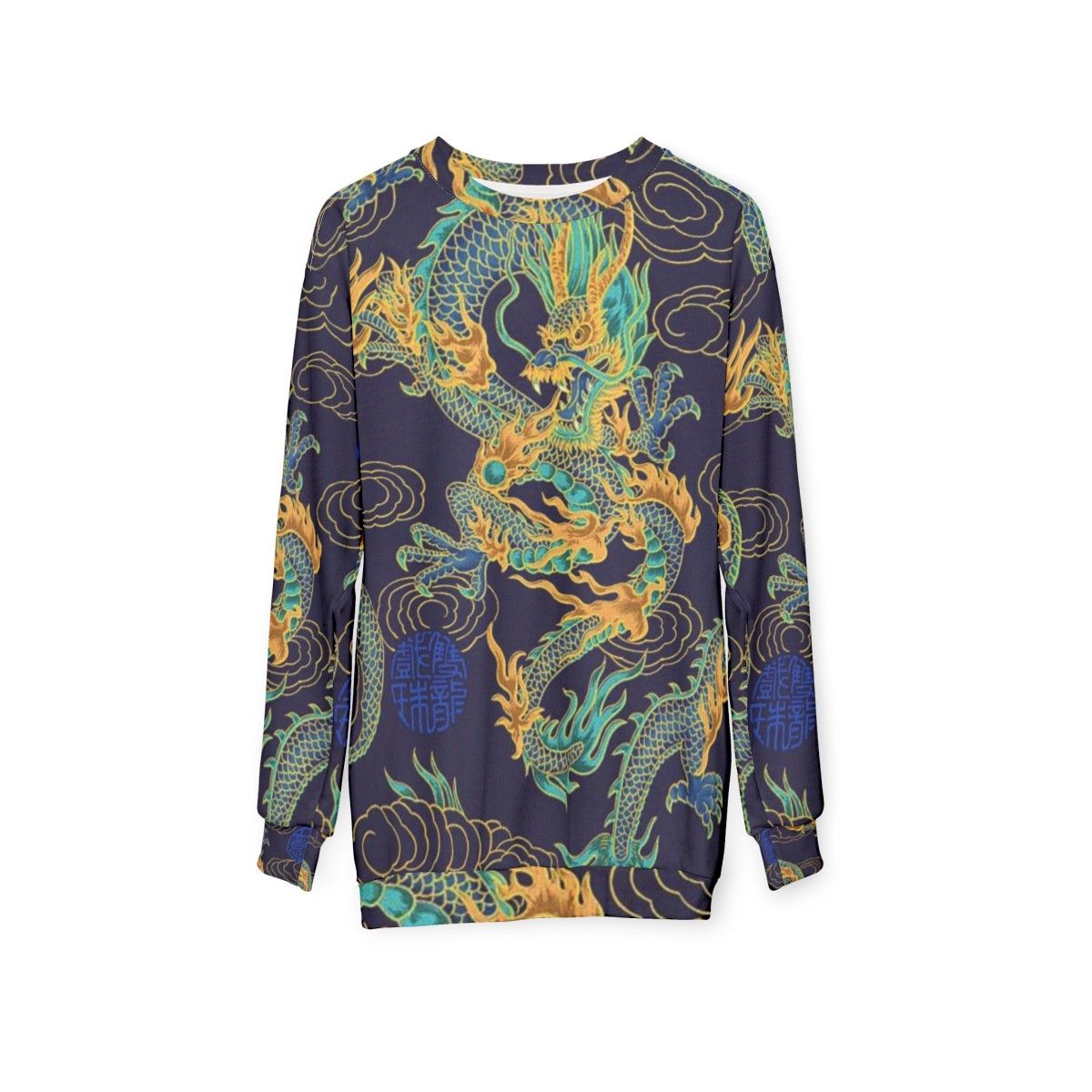 Gilded dragon design on a blue sweatshirt - hanging