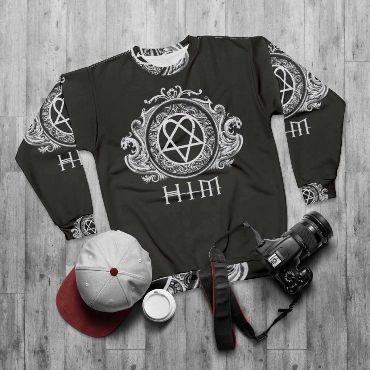 HIM band sweatshirt featuring the iconic heartagram logo - flat lay