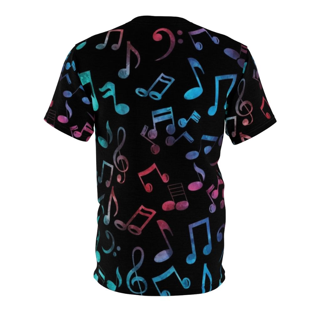 Vibrant multi-color music notes pattern design on a t-shirt, perfect for musicians and music lovers. - Back