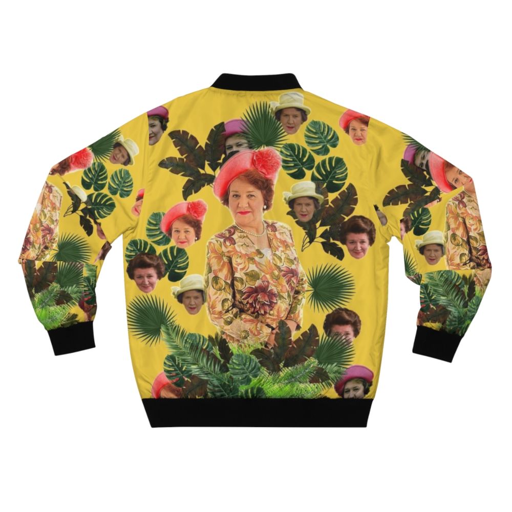 A colorful bomber jacket featuring the iconic Hyacinth Bucket from the classic British comedy 'Keeping Up Appearances' - Back