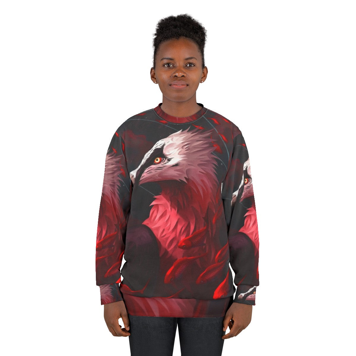 Bearded vulture and koi fish design on a grey sweatshirt - women