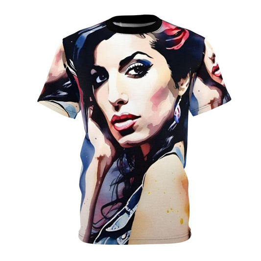 Watercolor art t-shirt featuring a portrait of singer-songwriter Amy Winehouse