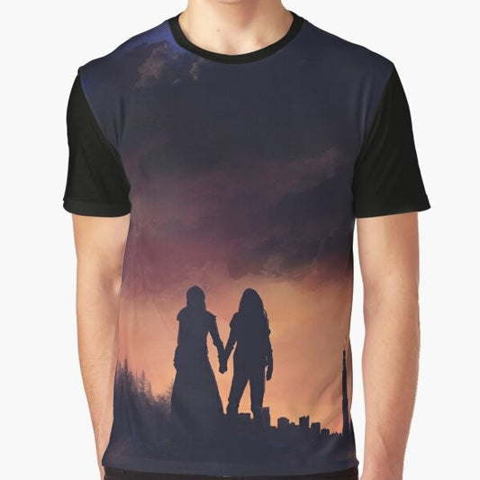 "The 100" Clarke Griffin and Lexa graphic t-shirt design featuring an Earth and sky motif