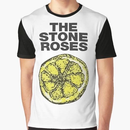 A graphic t-shirt featuring the iconic lemon logo of the legendary British band, The Stone Roses.