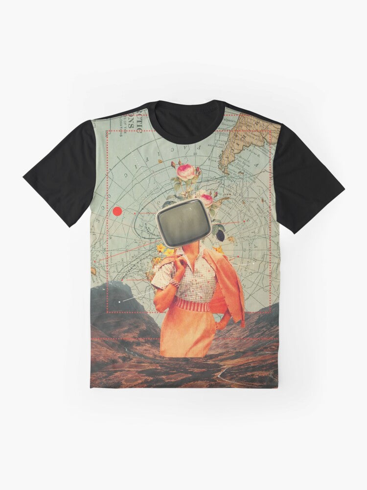 Vintage collage graphic t-shirt featuring a surreal landscape design with mountains, nature, and a retro woman. - Flat lay