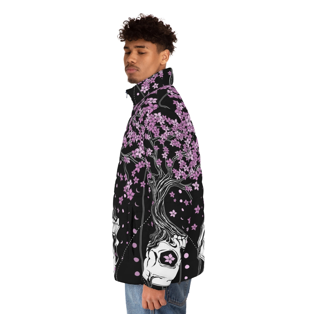 Afterlife puffer jacket with skull and cherry blossom floral design - men side left