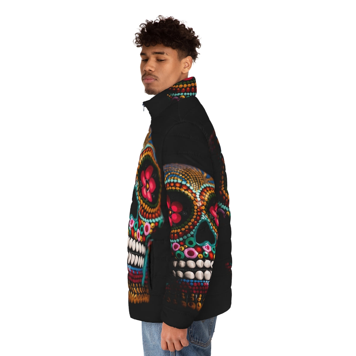 Goli multicolored skull puffer jacket with day of the dead inspired design - men side left