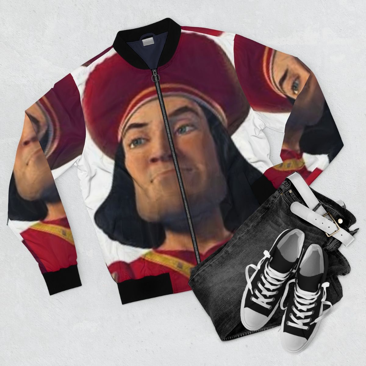 Lord Farquaad Bomber Jacket with Shrek Inspired Meme Design - Flat lay