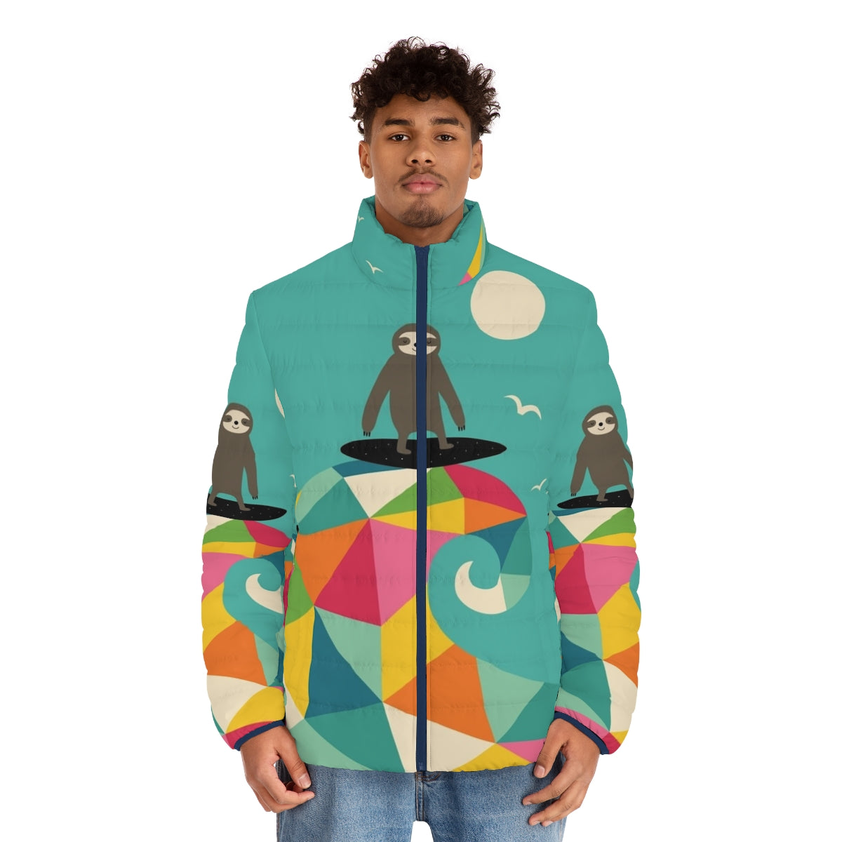 Puffer jacket with a vibrant geometric sloth print, perfect for summer surfing adventures - men front