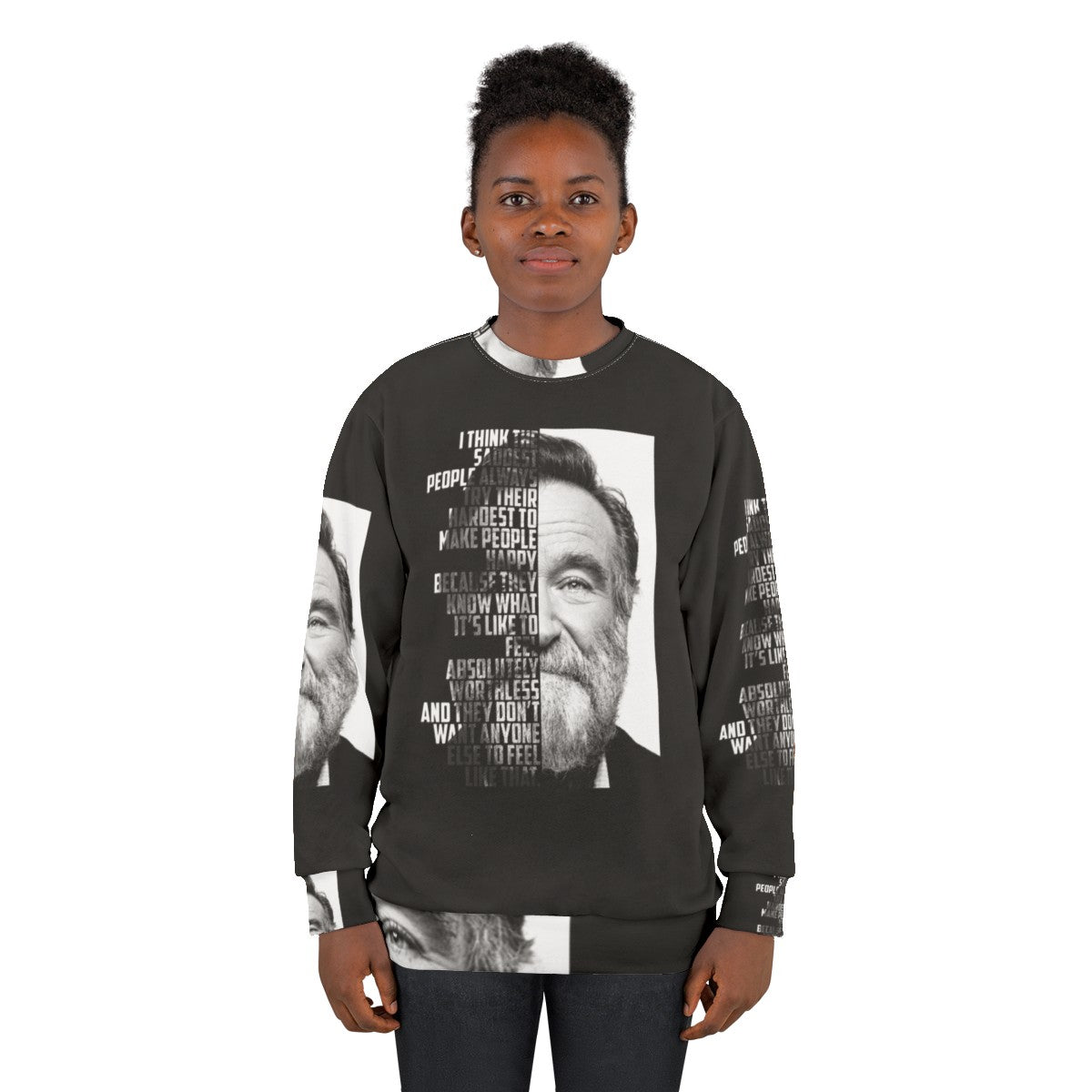 Retro Robin Williams Graphic Sweatshirt featuring inspirational quote - women