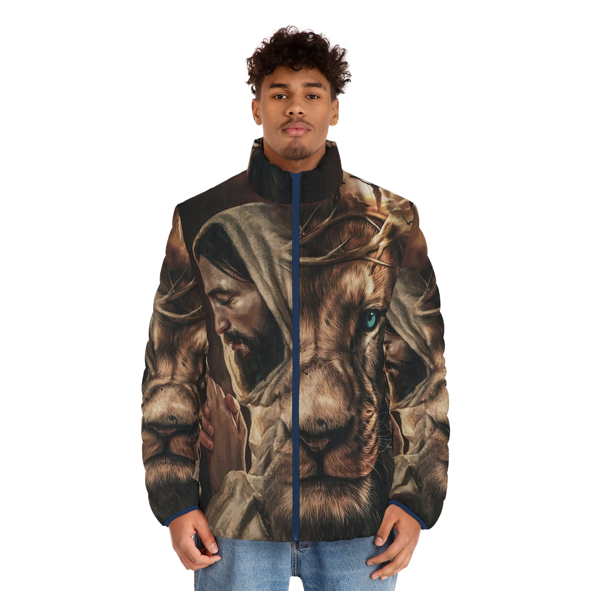 Jesus Pray and The Lion of Judah Puffer Jacket - men front