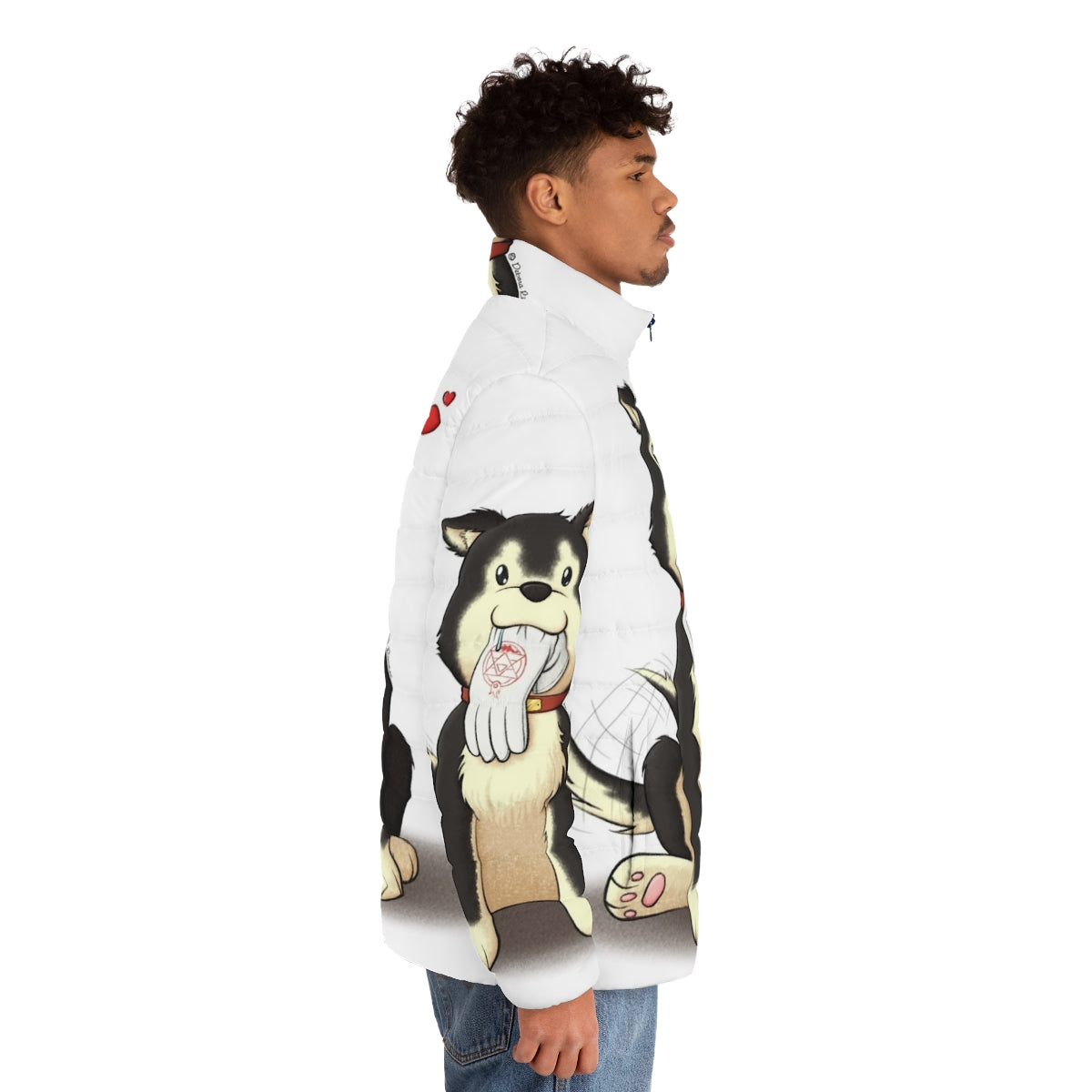 Black Hayate Puffer Jacket featuring the beloved Fullmetal Alchemist puppy - men side right